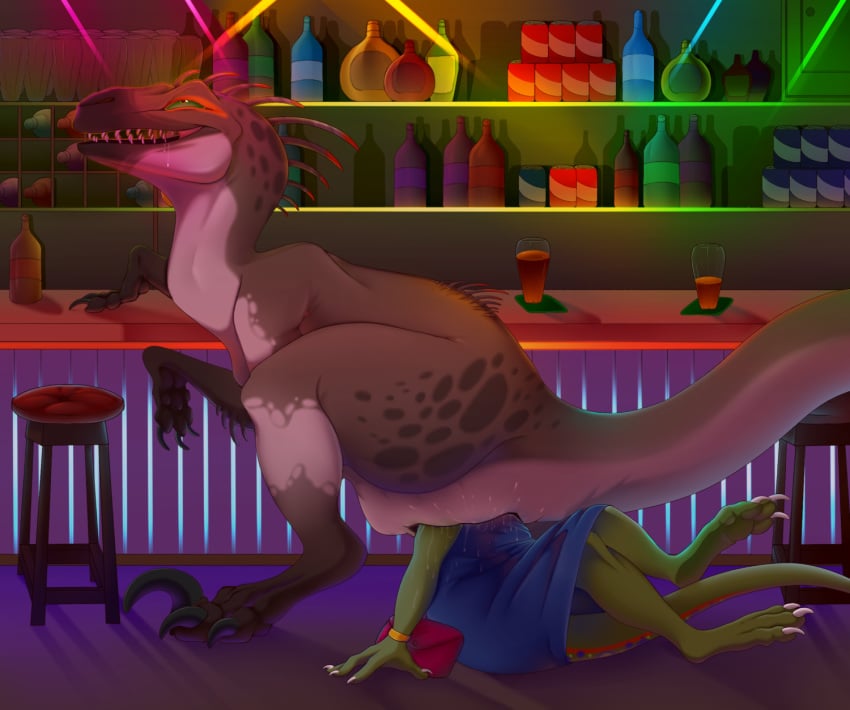 alcohol anal_vore anthro anthro_on_feral bar beverage blue_dress ciara coillte dinosaur drooling feral green_eyes handbag kaleidi lizard nightclub public reptile saliva scalie sitting theropod utahraptor vore zoophilia