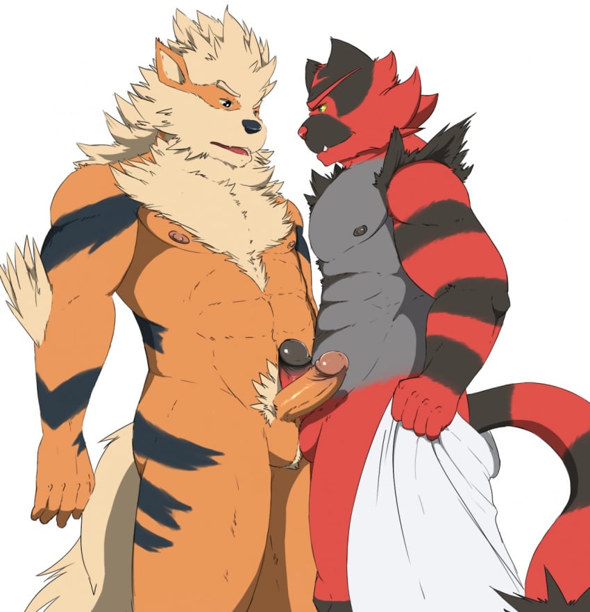 2017 2boys 5_fingers abs anthro arcanine areola athletic balls_touching bara belly biceps black_fur black_nipples black_nose body_hair canine chest_tuft duo elbow_tufts erection fangs feline frottage fur furry gay grey_fur grin highres humanoid_penis incineroar interspecies koruro male male_only mammal muscular nintendo nipples nude open_mouth orange_fur pecs penis pokemon pokemon_(species) pokemon_sm pokemorph pubic_hair red_fur sex smile standing stripes tail thick_thighs tiger towel tuft uncut white_background yaoi