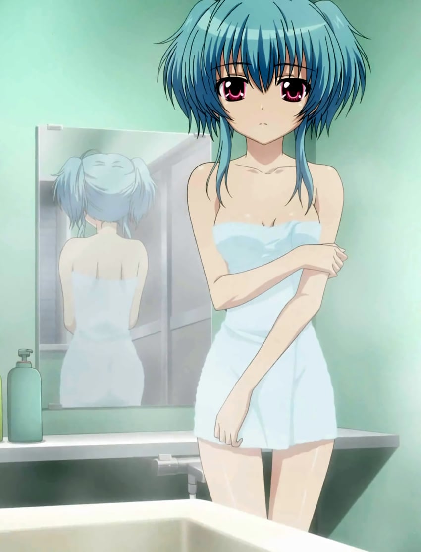 bare_back bare_shoulders bath blue_hair female high_resolution light_blue_hair looking_at_viewer lotion manglobe mashiro_iro_symphony mashiroiro_symphony mirror nude pink_eyes reflection screen_capture screencap steam tied_hair towel twintails uryu_sakuno uryuu_sakuno