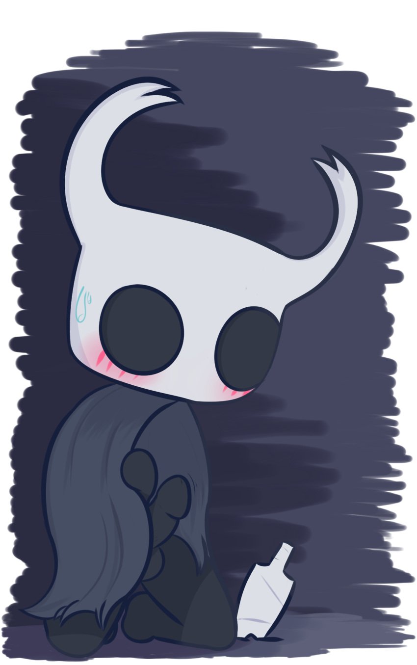 2017 anthro black_eyes blush blush_lines blushing cloak embarrassed erect_penis erection furry hollow_knight male male_only melee_weapon mrdegradation nail on_knees penis protagonist_(hollow_knight) solo sweat sweatdrop tagme weapon weapon_on_floor