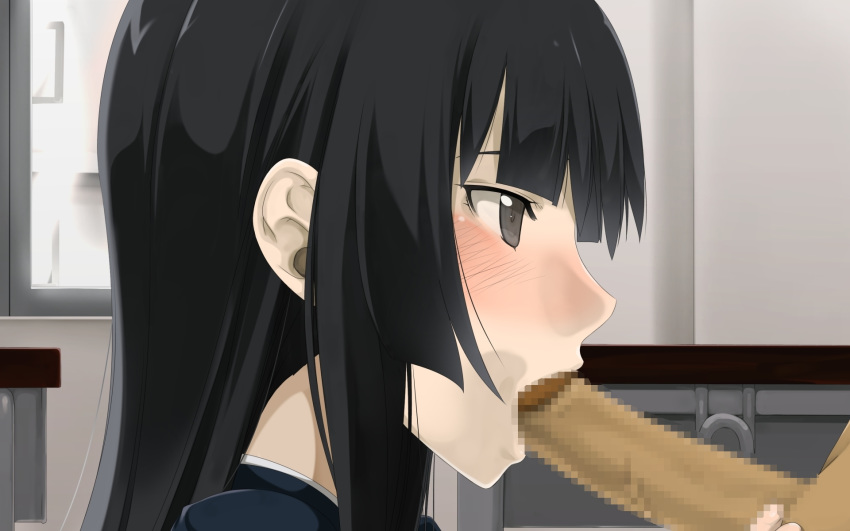 :>= black_eyes black_hair blush censored classroom clothed_female_nude_male desk fellatio female highres human human_only indoors k-on! long_hair looking_at_another mio_akiyama_(k-on!) mosaic_censoring oral partial_male penis solo_focus teitetsu_kishidan