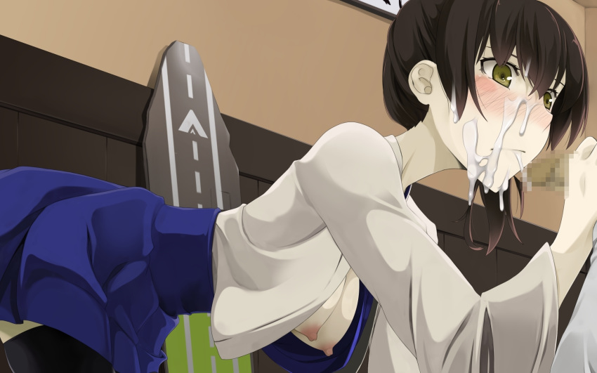 after_fellatio areolae black_hair black_legwear blue_skirt blush breasts breasts_out censored cum cum_in_mouth cum_on_hair facial female highres indoors japanese_clothes kaga_(kantai_collection) kantai_collection large_breasts legs looking_at_another mosaic_censoring nipples open_clothes partial_male penis side_ponytail skirt solo_focus teitetsu_kishidan thighhighs thighs yellow_eyes