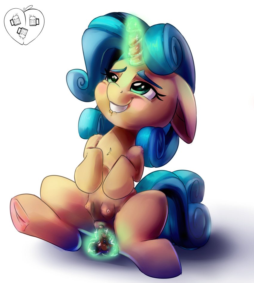 2017 biting_lip blue_hair blush clitoris crotchboobs equine fan_character female feral fidget_spinner glowing hair hi_res hooves horn improvised_sex_toy magic mammal my_little_pony oddciders pussy simple_background solo unicorn white_background