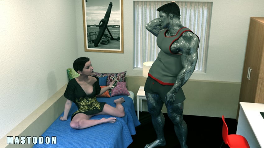 1boy 1girls 3d artist_name ass barefoot bed bedroom black_hair black_nails breasts brianna_hildebrand colossus deadpool deadpool_(film) duo earrings ellie_phimister feet female highres human indoors jewelry lipstick lying makeup male marvel mastodon medium_breasts metal_skin mutant nail_polish negasonic_teenage_warhead no_panties orientation_play piotr_rasputin pussy shirt short_hair sitting smartphone standing superhero superheroine toenail_polish toes x-men