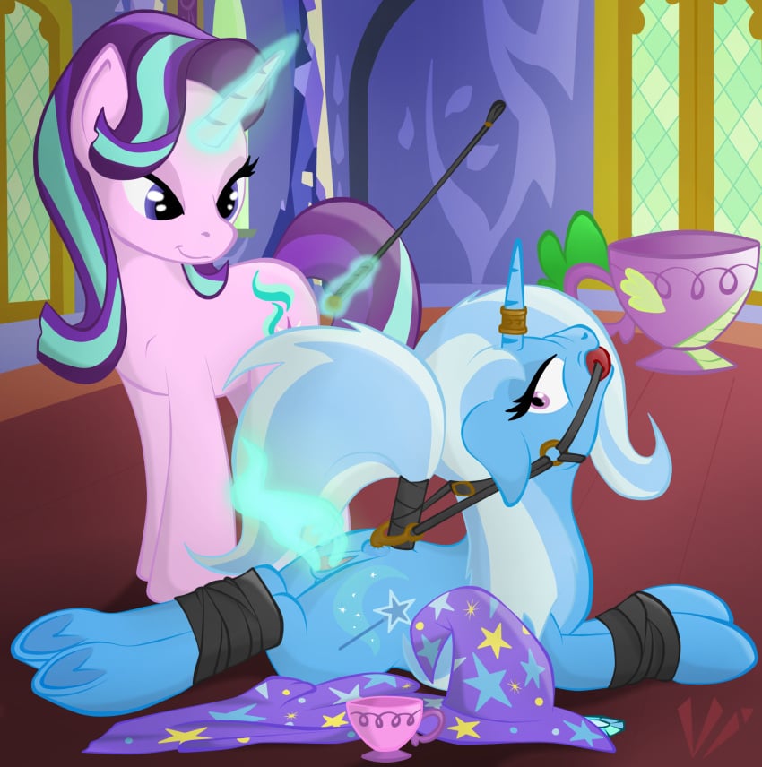 2017 anus ball_gag bondage bound crystal cup cutie_mark duo equine eye_contact female feral friendship_is_magic gag gagged hat horn indoors magic mammal multicolored_hair my_little_pony pussy riding_crop sex spread_pussy spreading starlight_glimmer tea_cup trixie_(mlp) two_tone_hair unicorn virenth whip wizard_hat