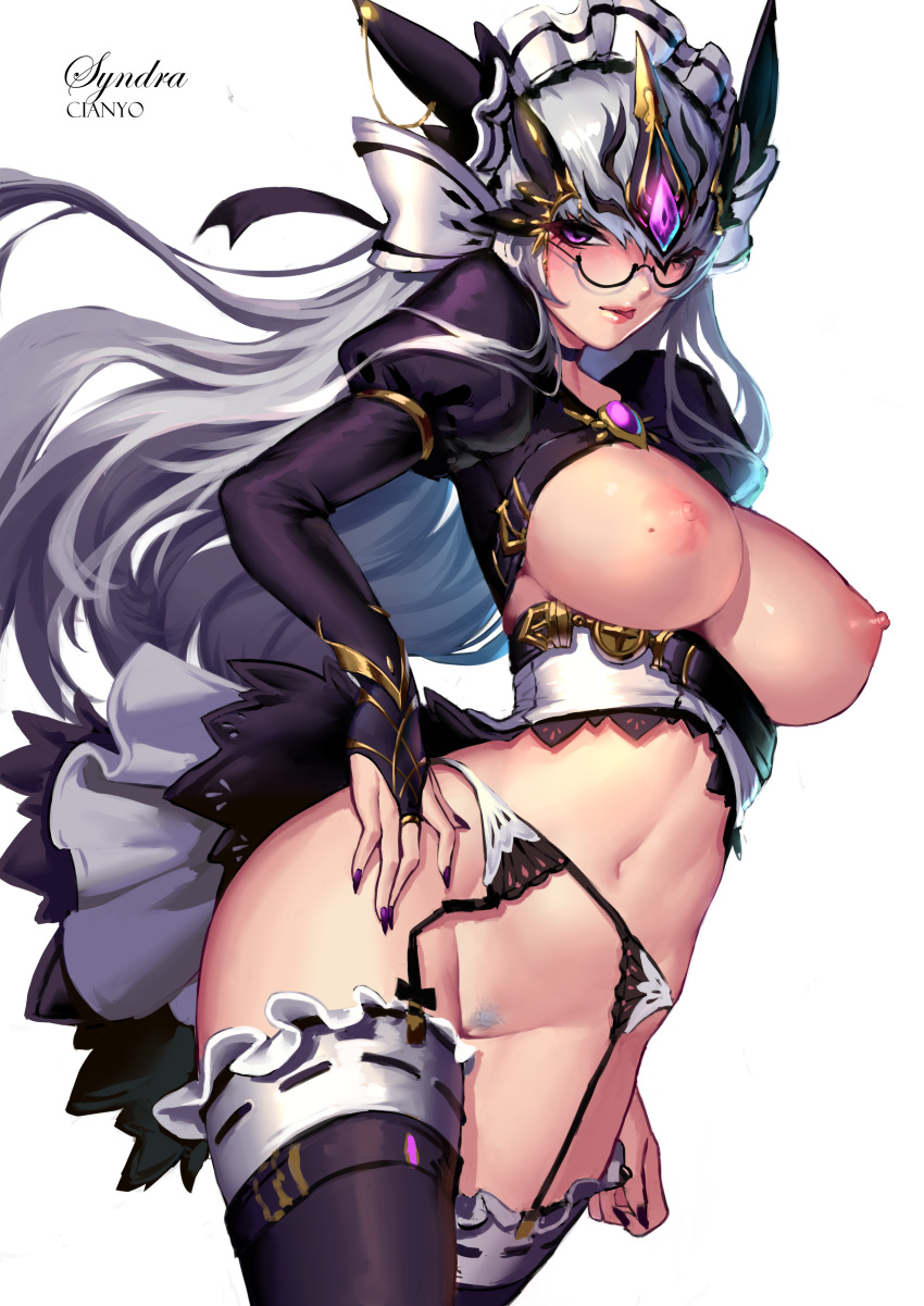 1girls adapted_costume artist_name blush breasts character_name cianyo cleavage crop_top ear_protection forehead_jewel forehead_protector garter_belt garter_straps high_resolution large_breasts large_filesize league_of_legends lingerie lips long_hair looking_at_viewer megane midriff nipples no_bra nopan pantsu panty_pull pubic_hair purple_eyes pussy revealing_clothes stockings syndra thighhighs thighs underwear vagina vambraces very_high_resolution very_long_hair