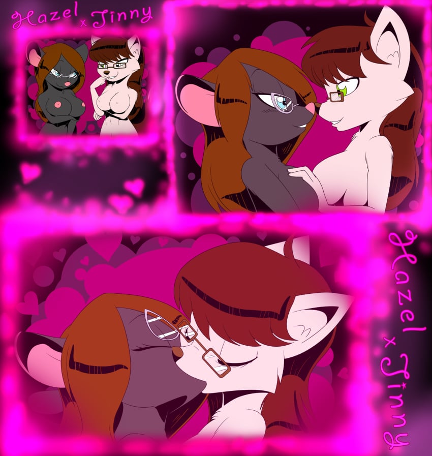 animal_humanoid brown_hair carrot_kingdom cat_humanoid eskimo_kiss eyewear feline female glasses hair hazel humanoid jinny kissing mammal maomaogames mouse nuzzling rodent yuri