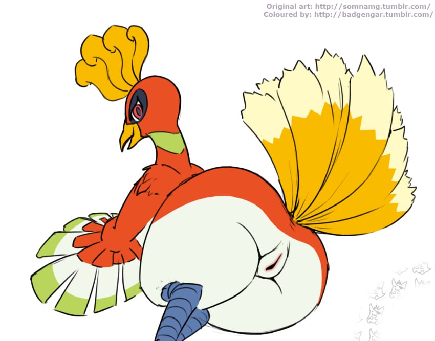 1girls ass avian badgengar beak big_ass female feral furry furry_only grey_background ho-oh legendary_pokemon looking_at_viewer looking_back nintendo pokémon_(species) pokemon pussy simple_background smile solo somnamg text thick_thighs video_games wide_hips wings