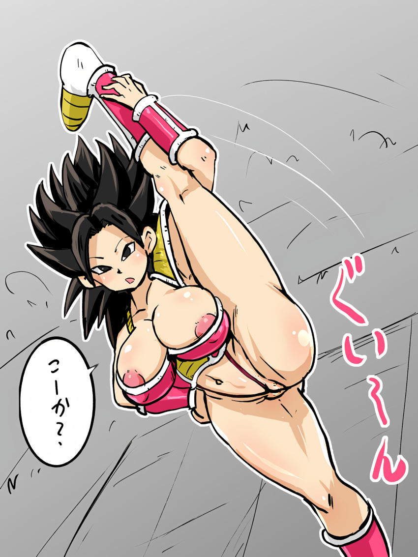 1girls areola_slip belly_button between_labia caulifla cleavage dragon_ball dragon_ball_super female_focus ginyu_force huge_breasts innie_pussy leg_lift leg_up looking_at_viewer navel nipples pussy rickert_kai saiyan_armor shounen_jump speech_bubble text_focus thick_thighs top_heavy vertical_splits wide_hips