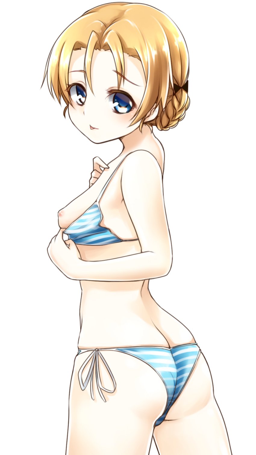 ass bikini blue_eyes blush breasts female girls_und_panzer nipples orange_hair orange_pekoe small_breasts smile solo striped_bikini swimsuit tongue tukiyofree