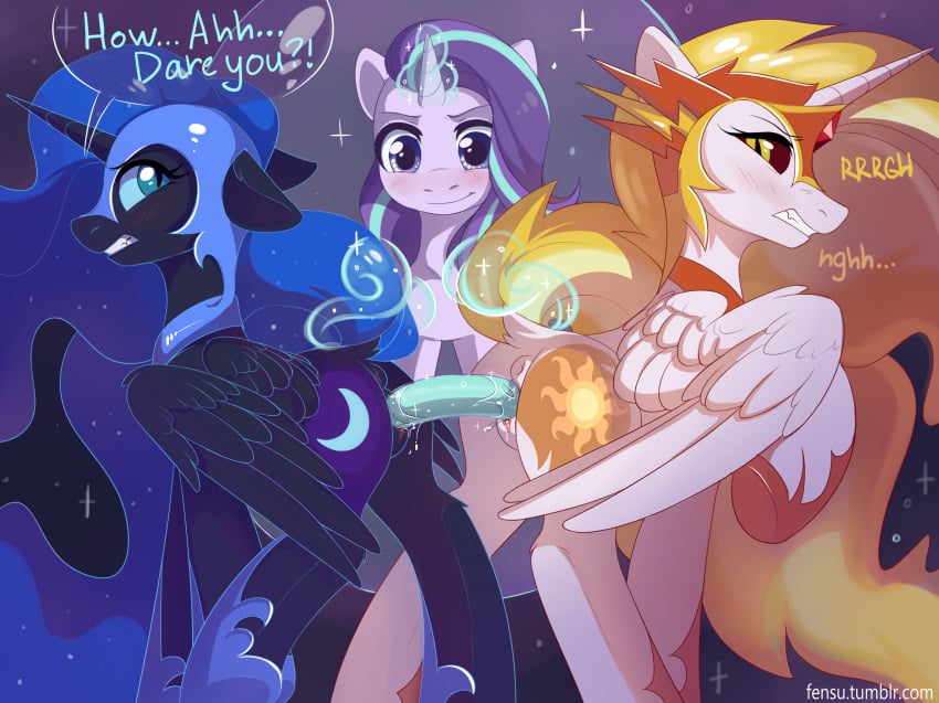 2017 3girls absurdres alicorn anus armor blue_eyes blush cutie_mark dark_persona daybreaker_(mlp) dialogue double_dildo english_text equine feathered_wings feathers female fensu-san feral friendship_is_magic glowing group helmet highres horn magic mammal my_little_pony nightmare_moon nightmare_moon_(mlp) penetration princess_celestia_(mlp) princess_luna_(mlp) pussy starlight_glimmer text unicorn vaginal_insertion wings yuri