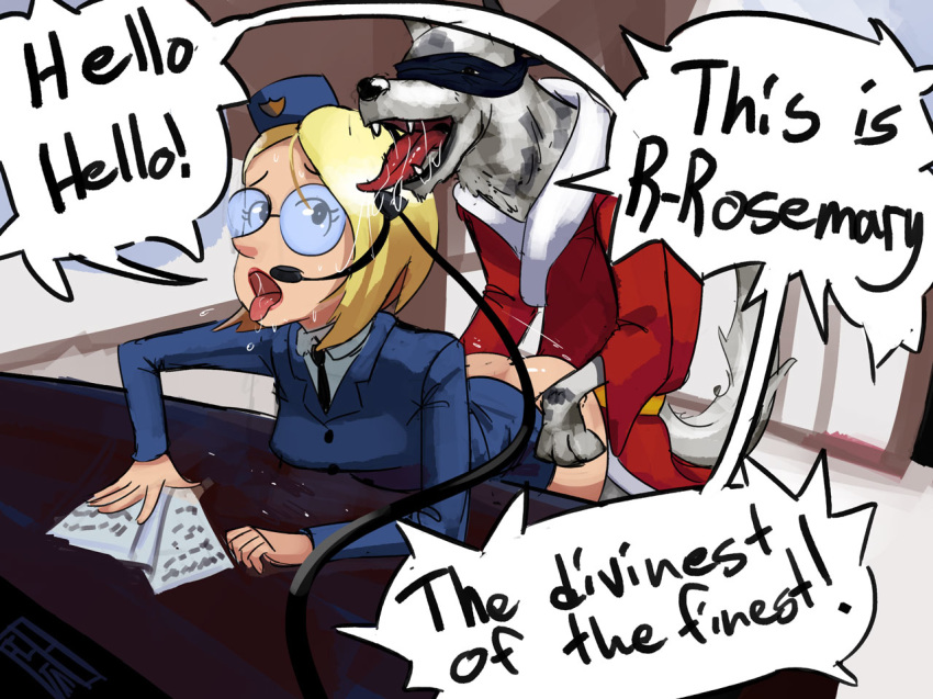 anthro ass blonde_hair canine duo forced glasses hanna-barbera hat headset hong_kong_phooey hong_kong_phooey_(character) open_mouth penrod_"penry"_pooch police_hat rape rosemary_(hong_kong_phooey) sex tongue_out zoophilia