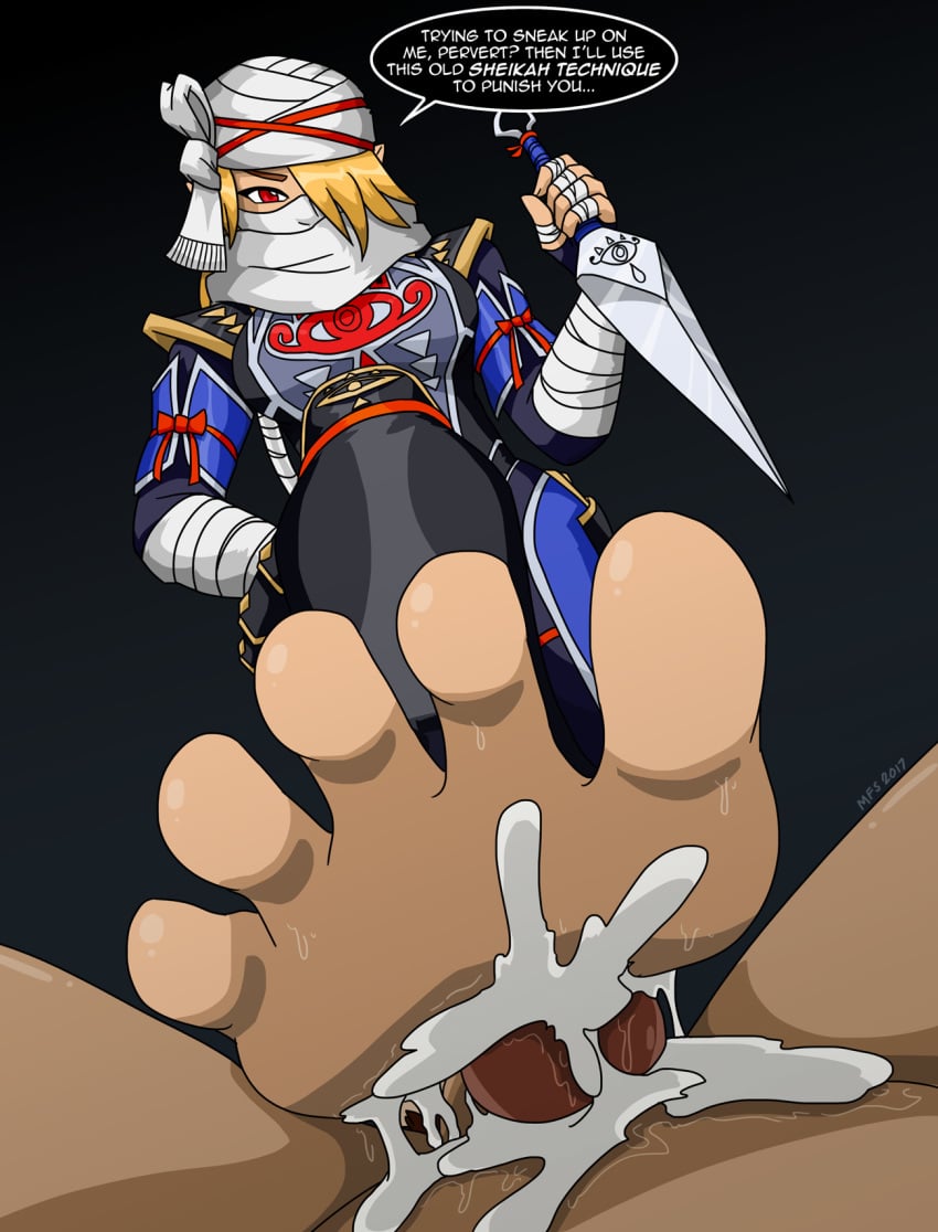 1boy1girl barefoot big_feet blonde_hair cum cum_on_feet cum_on_foot cumming domination ejaculation erection face_mask feet feet_on_penis female femdom foot_fetish foot_on_penis footjob forced human male meaty_soles mostlyfunstuff nintendo ocarina_of_time penis rape red_eyes reverse_rape sheik sheikah speech_bubble standing standing_footjob stepping_on_penis sweat sweaty_feet text the_legend_of_zelda toes tramping video_games