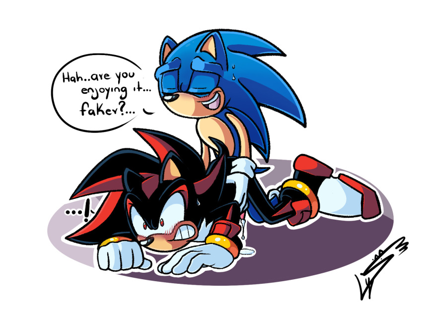 all_fours anal anal_sex angry anthro blush clenched_teeth closed_eyes cum cum_pool dialogue erection footwear furry gloves hands-free hedgehog kneeling lyslash male mammal open_mouth orgasm penetration penis red_eyes sex shadow_the_hedgehog shoes simple_background sonadow sonic_(series) sonic_the_hedgehog sweat teeth torso_grab yaoi