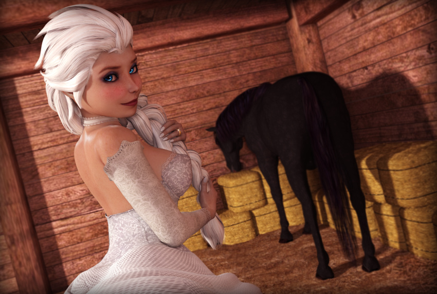 1animal 1boy 1girls 3d blue_eyes blush commission disney elsa_(frozen) female feral freckles frozen_(film) horse medium_breasts rasmus-the-owl request teaser