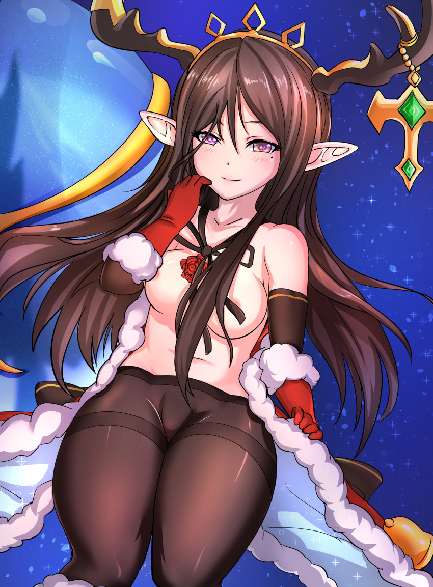 absurdres antlers artist_name arulumaya blush bow bowtie brown_hair cape character_name christmas christmas_outfit elbow_gloves female flowing_hair gloves gradient_eyes granblue_fantasy highres long_hair multicolored multicolored_eyes navel nipples no_bra pantyhose pointy_ears smile solo tagme topless