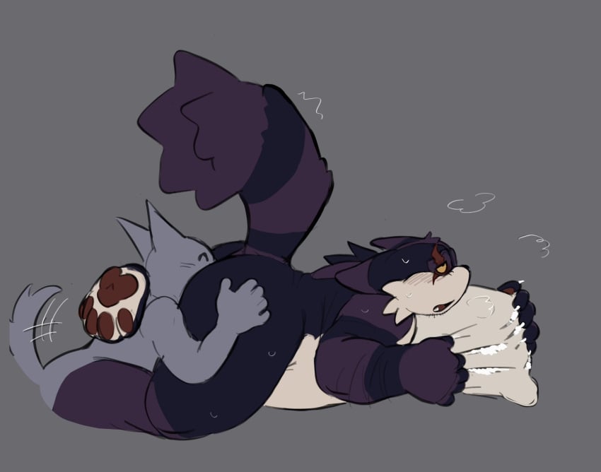 anal anthro ass belly blush clawing_at_ground claws domestic_cat duo felid feline felis finger_claws fur hi_res lying male male/male mammal newtmoss nude on_front oral overweight pillow purple_body purple_fur rimming scar sega sex smalls_the_cat sonic_(series) sonic_the_hedgehog_(series) striped_body striped_fur stripes torn_pillow