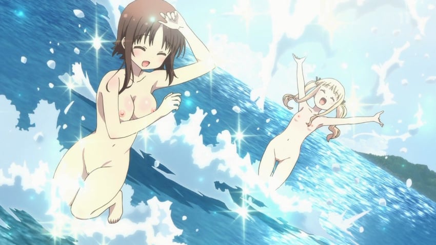 2girls blonde_hair blush breasts brown_hair closed_eyes hagino_chiaki hiiragi_mayuki hinako_note multiple_girls navel nipples nude ocean pussy