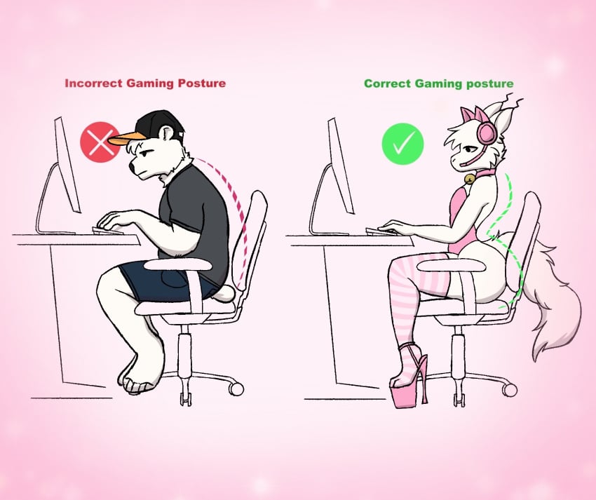 alien anthro apollo_caelum bear bearvan chair clothed clothing collar computer correct_gaming_posture_(meme) crossdressing dragon duo earbuds electronics english_text footwear furniture hat headgear headphones headset headwear hi_res high_heels keyboard legwear maebeasheep male male_only mammal meme microphone mythological_creature mythological_scalie mythology polar_bear scalie shoes side_view tail text thick_thighs thigh_highs ursine