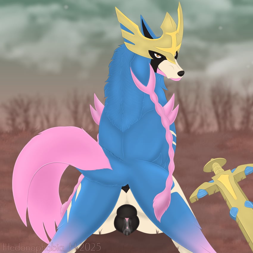 1:1 animal_genitalia animal_pussy anus black_pussy blue_body blue_fur bodily_fluids braided_hair canid canine canine_genitalia canine_pussy crown female feral fur generation_8_pokemon genital_fluids genitals hair headgear hedonophobia_h hi_res legendary_pokemon mammal melee_weapon nintendo pink_body pink_hair pokemon pokemon_(species) pussy raised_tail solo sword tail tail_anus vaginal_fluids weapon zacian