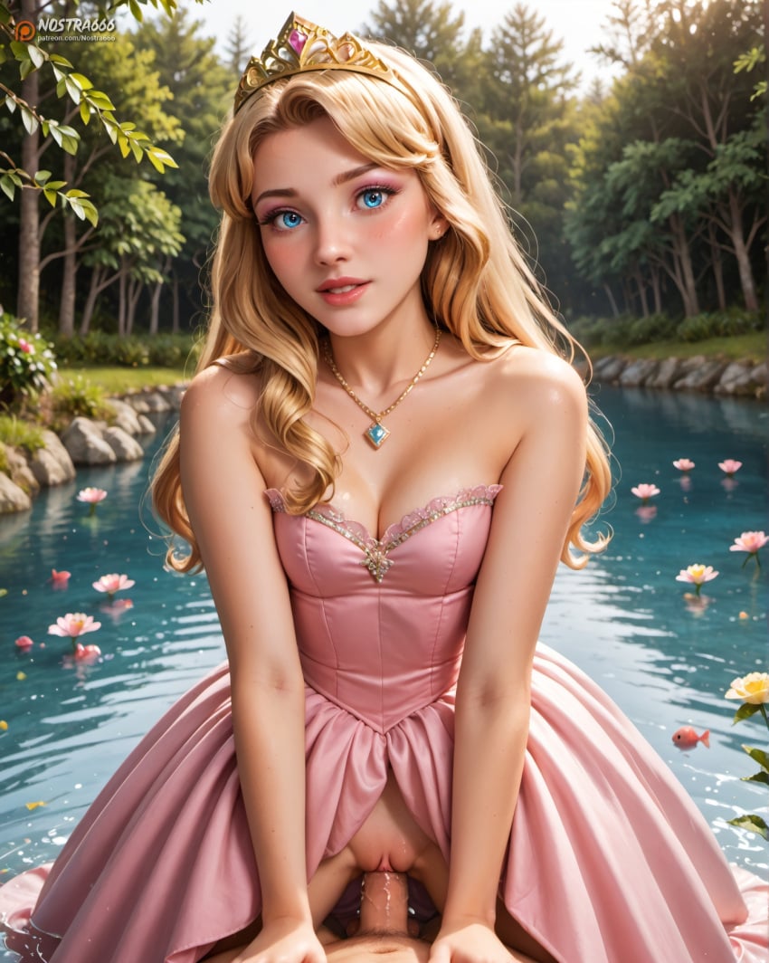 ai ai_generated aurora_(sleeping_beauty) bare_shoulders blonde_hair blue_eyes createdwithai digital_2d dress fan_art female girl hairband jewelry long_hair makeup necklace nostra666 patreon pink_dress stable_diffusion tiara