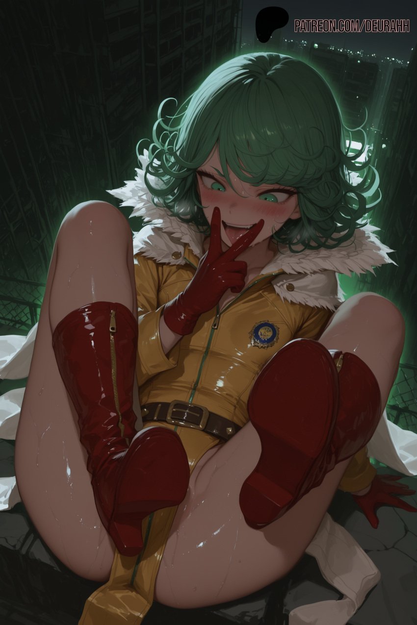 ai ai_assisted ai_generated aura belt blush blushing_at_viewer blushing_female breasts cape deurahh female glowing green_eyes green_hair leaning_back legs_spread legs_up looking_at_pussy looking_away on_back one-punch_man petite_body pinup psychic red_boots red_gloves rooftop saitama_(cosplay) short_hair short_hair_female skin_tight small_breasts solo_female stable_diffusion sweatdrop sweating sweaty tatsumaki thighs tongue tongue_out v_sign voluptuous white_cape yellow_suit