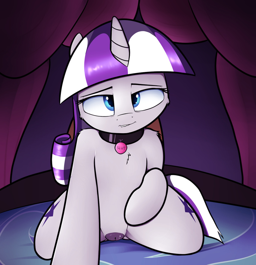 2017 bed bedroom_eyes collar cutie_mark equine female feral friendship_is_magic hair half-closed_eyes horn inside looking_at_viewer magic mammal my_little_pony neighday on_bed seductive solo twilight_velvet_(mlp) unicorn