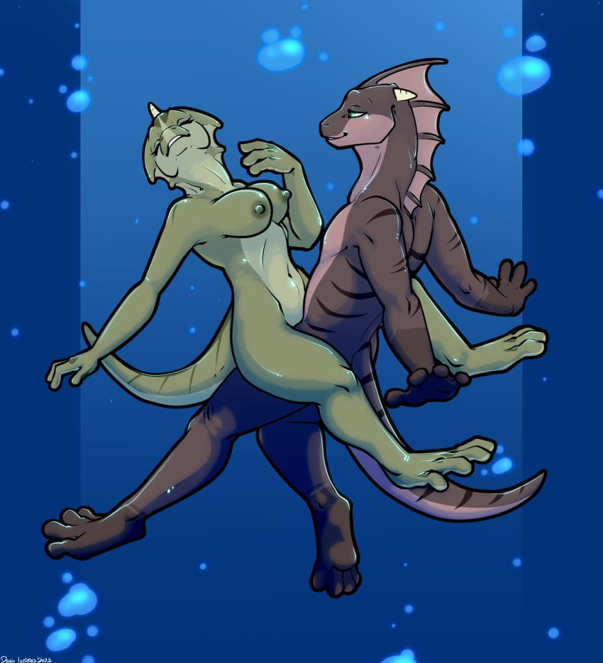 1boy 1girls breasts danji-isthmus female fins furry hands horns male neck nipples nude original ridges sex underwater underwater_sex