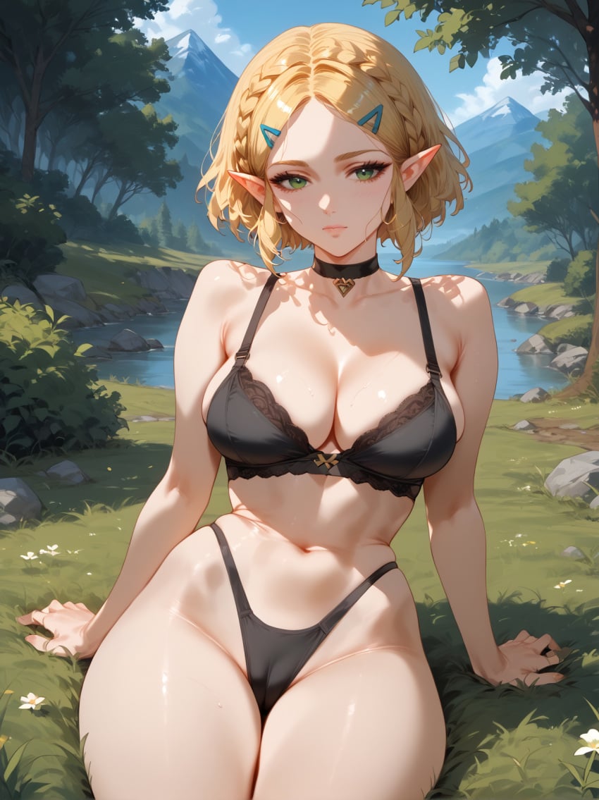 ai_generated bangs bare_shoulders black_bra black_panties blonde_hair blush bra braid breasts brokewyt cameltoe choker cleavage closed_mouth collarbone day female green_eyes hair_ornament hairclip highleg large_breasts looking_at_viewer mountain navel outdoors panties parted_bangs pointy_ears princess_zelda short_hair sitting sky solo the_legend_of_zelda thighs tree underwear underwear_only zelda_(breath_of_the_wild)