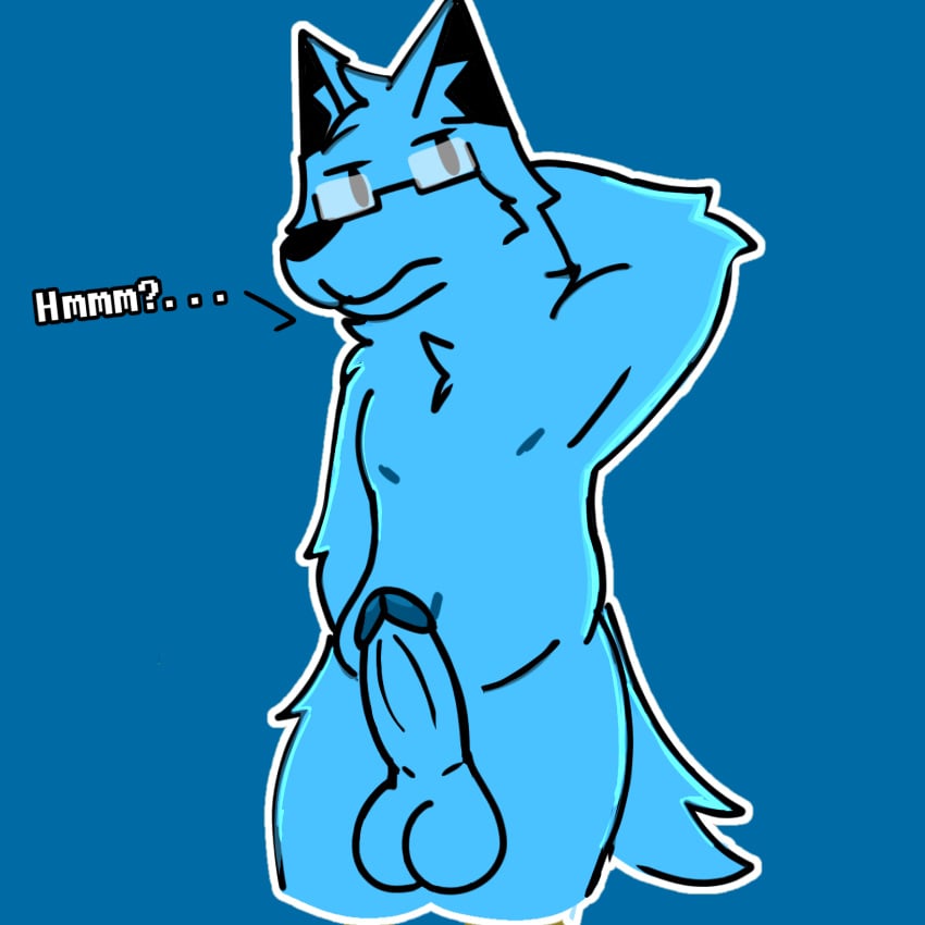1:1 absurd_res animal_humanoid anthro arm_tuft balls big_balls blue_balls blue_body blue_fur blue_wolf bugsnax canid canid_humanoid canine canine_humanoid canis cheek_tuft eddy_(eddymurray) eddymurray elbow_tuft eyewear facial_tuft fluffy fur genitals glasses grumpus grumpy hi_res humanoid inner_ear_fluff male male/male mammal mammal_humanoid nipples penis simple_background simple_nose solo tuft wearing_glasses wolf wolf_humanoid wolf_tail young_horses