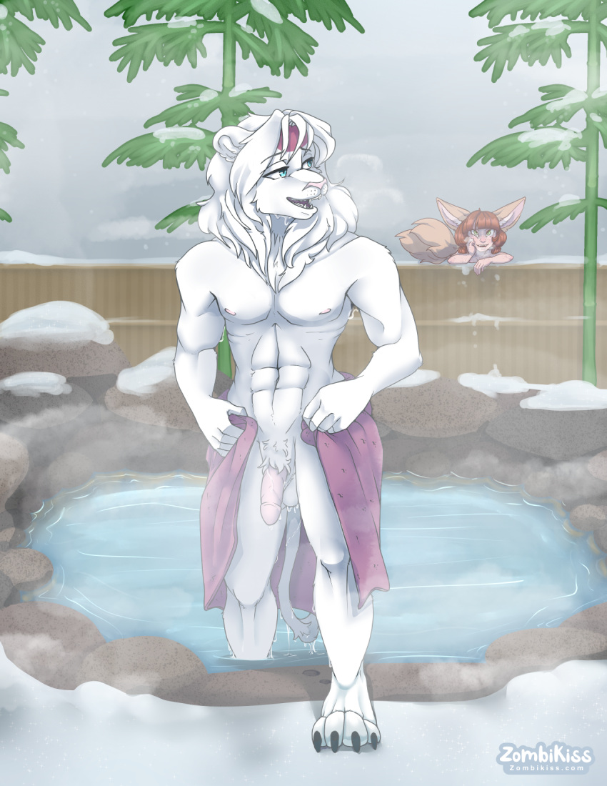 abs canid canine dripping felid female fox fur genitals hair hi_res hot_spring lion looking_at_another male mammal nude_anthro nude_male outside pantherine peeping penis red_hair snow spying steam towel water water_droplets white_body white_fur zombikiss
