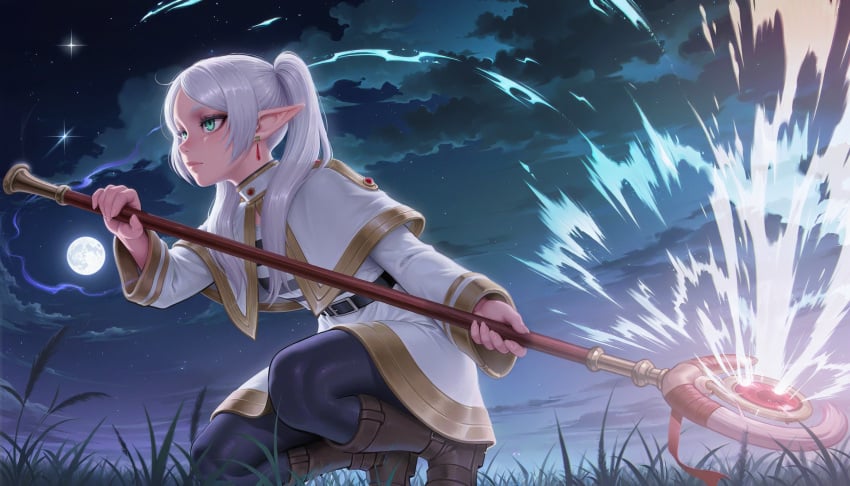 1girls ai_generated black_pantyhose closed_mouth earrings elf energy female frieren from_side gold_trim grass green_eyes holding holding_staff jewelry knightus_ai long_hair looking_afar magic night night_sky outdoors pointy_ears sfw sky solo sousou_no_frieren squatting staff twintails white_hair