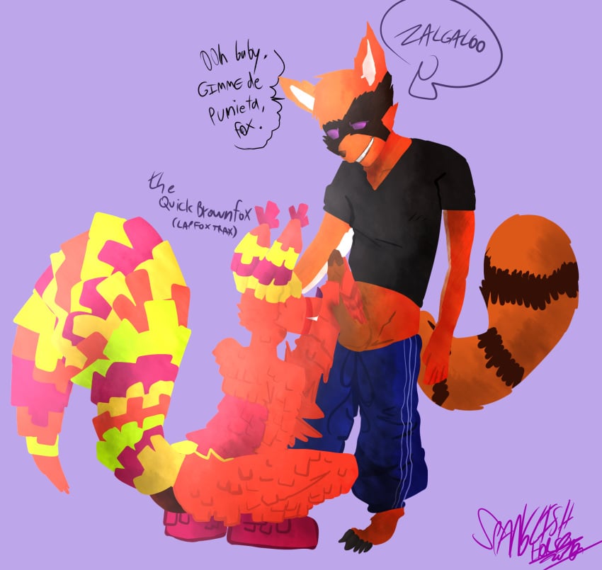 anthro ass erection furry handjob highres kneeling lapfox_trax male mammal penis piñata raccoon sex simple_background the_quick_brown_fox yaoi zalgaloo