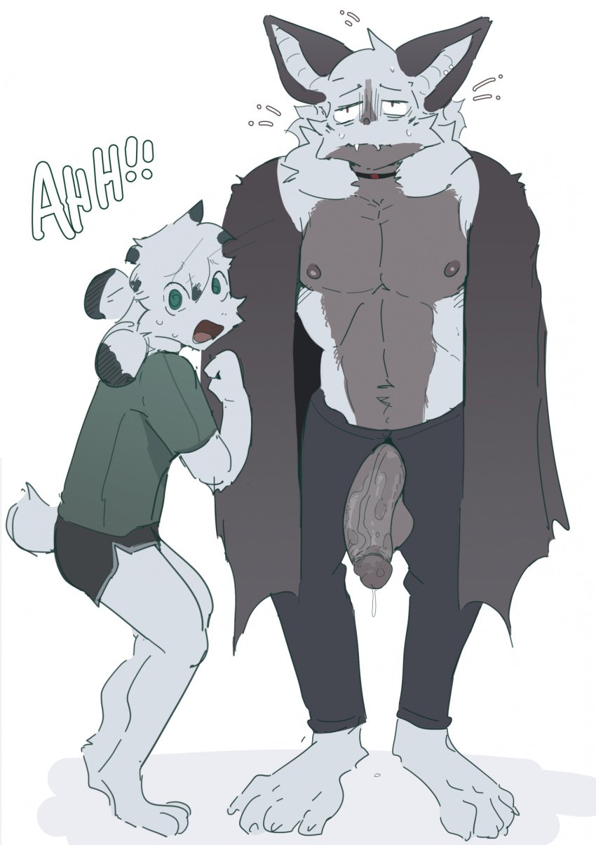 anthro areola bat biped bodily_fluids clothed clothing duo erection exclamation_point fangs fur genital_fluids genitals glans green_eyes hi_res humanoid_genitalia humanoid_penis kakhao lagomorph leporid male mammal mirin_(kakhao) nipples owen_(kakhao) penis precum rabbit short_tail standing tail teeth text tongue white_body white_fur white_tail