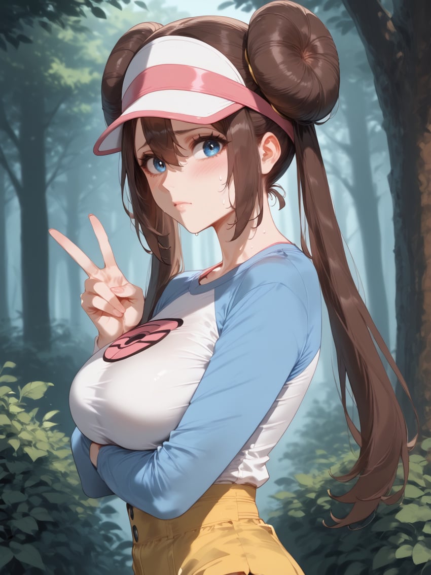 ai_generated arm_under_breasts bangs blue_eyes blush breast_hold breasts brokewyt brown_hair bush closed_mouth day double_bun doughnut_hair_bun female forest from_side hair_between_eyes hair_bun large_breasts lips long_hair long_sleeves looking_at_viewer nature nintendo outdoors pink_lips poke_ball_print pokemon pokemon_bw2 raglan_sleeves rosa_(pokemon) shirt sidelocks solo sweat taut_clothes tree twintails upper_body v visor_cap white_shirt yellow_shorts