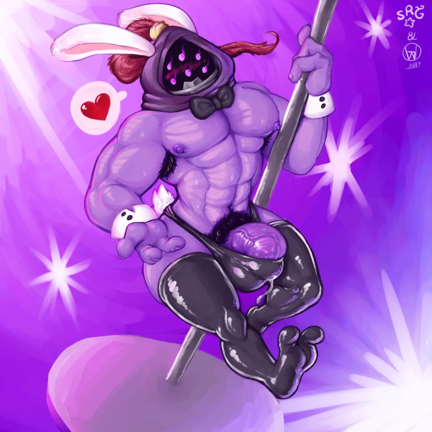 bulge dancing glitchedweasel lagomorph league_of_legends male_only mammal muscular pole pole_dancing saijax_cail-rynx_kohari_icath'un smolrainbowgoat sweat tight_suit video_games