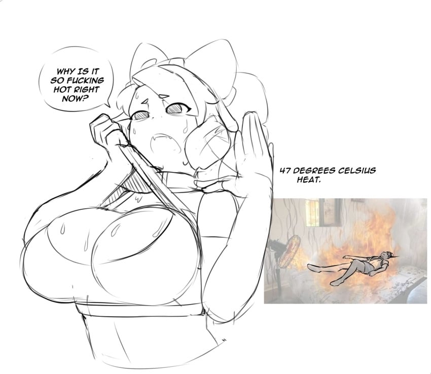 1boy big_breasts bra female heat male sky_almanac summer sweat sweatdrop