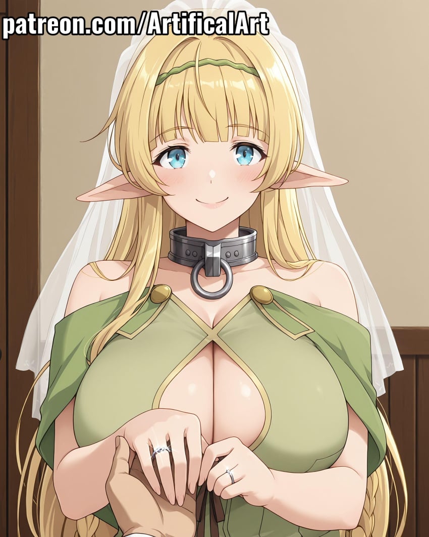 1girls ai_generated artifical_art bangs blonde_hair blue_eyes bride elf elf_ears elf_female elf_girl female hairband how_not_to_summon_a_demon_lord isekai_maou_to_shoukan_shoujo_no_dorei_majutsu large_breasts light-skinned_female light_skin long_hair perfect_body pointy_ears shera_l_greenwood slave_collar