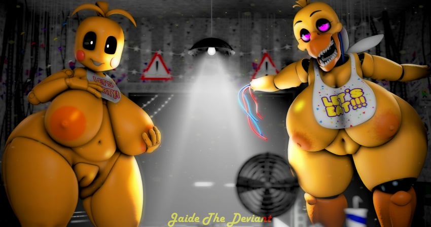 3d 3d_(artwork) 3d_model 3d_render animatronic animatronic_female bedroom_eyes big_breasts chica_(fnaf) chicken chicken_girl chubby chubby_female five_nights_at_freddy's fnaf furry furry_female jaide_the_deviant looking_at_viewer multiple_girls octal robot robot_girl sfm smirk smirking smirking_at_viewer source_filmmaker toy_chica_(fnaf) two_girls withered_chica