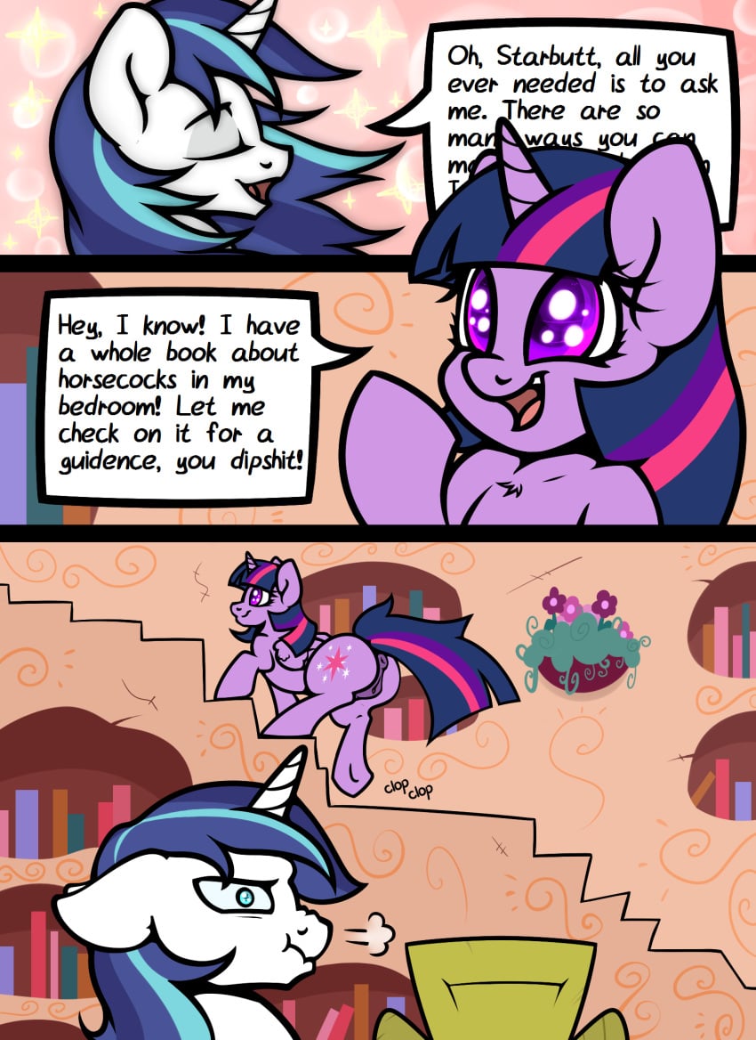 alicorn anus ass big_butt comic dialogue duo english_text equine female feral friendship_is_magic hi_res horn male mammal my_little_pony pussy shining_armor_(mlp) slavedemorto text twilight_sparkle_(mlp) unicorn wings