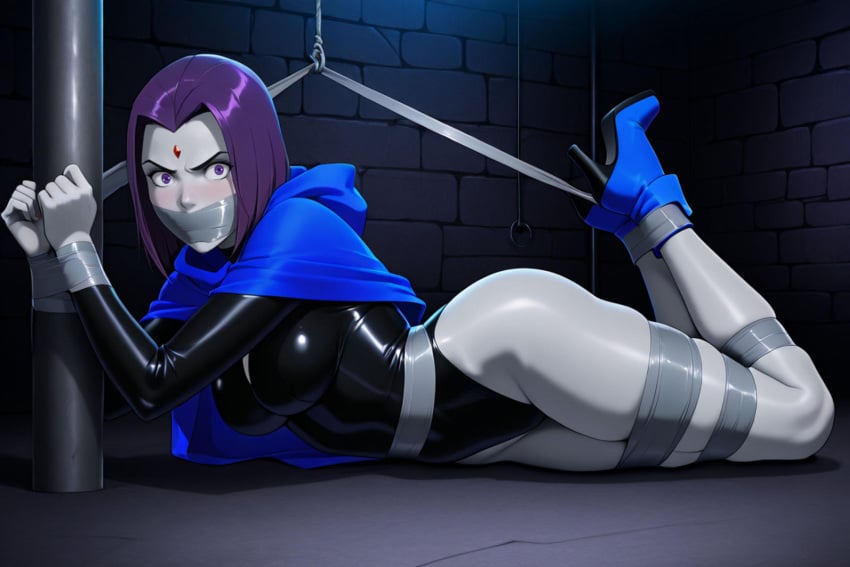 ai_generated angry_face ankle_boots ass bare_legs basement bondage boots cloak dc dc_comics gagged imminent_rape kidnapped leotard rachel_roth raven_(dc) tagme tape_bondage teen_titans thighs tied_to_pole