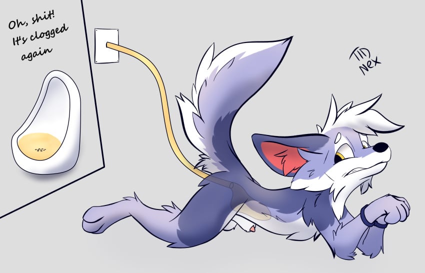 absurd_res anthro bodily_fluids canid canine confusion cuff_(restraint) fox fur genital_fluids handcuffs hi_res male male/male mammal metal_cuffs peeing peeing_inside peeing_on_tail purple_body purple_fur restraints riko_(tidnex) solo tidnex urinal urine urine_on_tail watersports