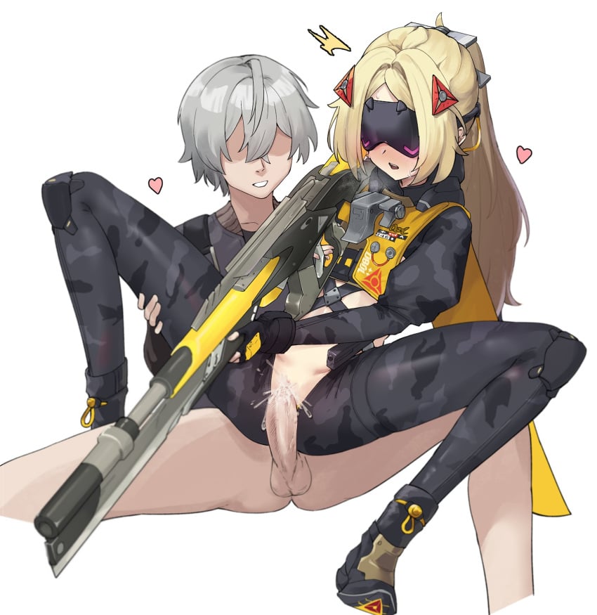 1boy black_boots black_gloves black_pants blind blonde_hair boots clothed_sex cum cum_in_pussy cum_overflow erection eyeless_male female fingerless_gloves gloves grey_hair gun heart highres holding holding_gun holding_weapon long_hair long_sleeves male nemi_(nemmmiii) open_mouth pants penis riding rifle sex simple_background sniper_rifle solo_focus straight trigger_(zenless_zone_zero) uncensored vaginal_penetration weapon white_background wise_(zenless_zone_zero) zenless_zone_zero