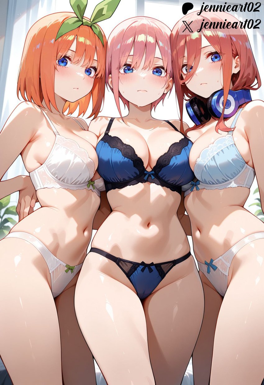 3girls ai_generated asymmetrical_docking bangs bare_arms bare_shoulders black_clothes blue_bra blue_eyes blue_panties blue_underwear blush bow bow_bra bow_panties bra breast-to-breast breast_press breasts brown_hair cameltoe clavicle cleavage closed_mouth clothing collarbone eyebrows female female_only go-toubun_no_hanayome green_hairband green_ribbons hair_between_eyes hair_ornament hair_ribbon headphones headphones_around_neck highleg indoors jennieart02 lace lace-trimmed_bra lace_trim large_breasts lingerie long_hair looking_at_viewer medium_breasts medium_hair multiple_girls nakano_ichika nakano_miku nakano_nino nakano_yotsuba navel orange_hair panties pantsu parted_lips patreon patreon_logo patreon_username pink_hair ribbon short_hair siblings sister sisters smile standing stomach sweat thigh_gap thighs twitter twitter_username underwear underwear_only watermark white_bra white_panties white_underwear window