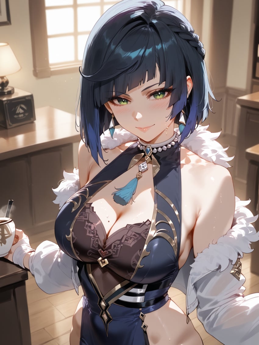 ai_generated bangs bare_shoulders black_hair blue_hair blush bob_cut braid breasts brokewyt cleavage cleavage_cutout closed_mouth cup diagonal_bangs dice dress earrings female fur-trimmed_jacket fur_trim green_eyes holding holding_cup indoors jacket jewelry large_breasts looking_at_viewer mole mole_on_breast mug multicolored_hair off_shoulder pelvic_curtain short_hair sleeveless smile solo sweat table tassel two-tone_hair upper_body white_jacket window yelan_(genshin_impact)