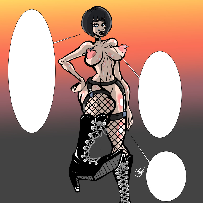 1girls big_breasts black_hair blue_eyes boots fishnets garter_belt goth kneehighs looking_down nipple_piercing nose_piercing short_hair sluttysamuraigirl(artist) thick_thighs