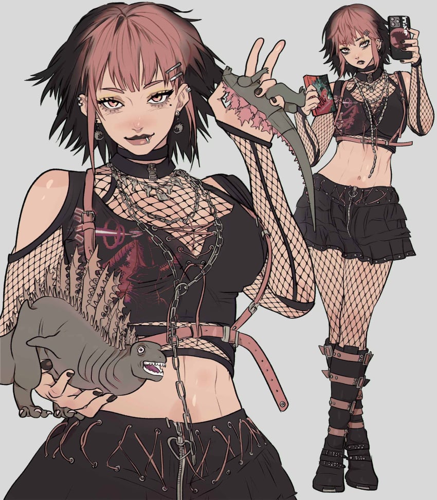 1girls action_figure belt belt_buckle belts black_boots black_choker black_clothing black_hair black_lipstick black_shoes black_skirt book boots chains dyed_hair ear_piercing ear_piercings earrings female female_focus female_only figure fishnet_armwear fishnet_legwear fishnets fit fit_female fully_clothed girl_who_is_obsessed_with godzilla_(series) goth goth_girl gothic human kaiju keychain keys lip_piercing lock manga manga_cover necklace no_nudity no_text non_sexual peace_sign piercing pink_belt pink_eyes pink_hair pink_lipstick sfw shin_godzilla silver_jewelry skirt smile solo solo_female solo_focus toy two_tone_hair yoracrab