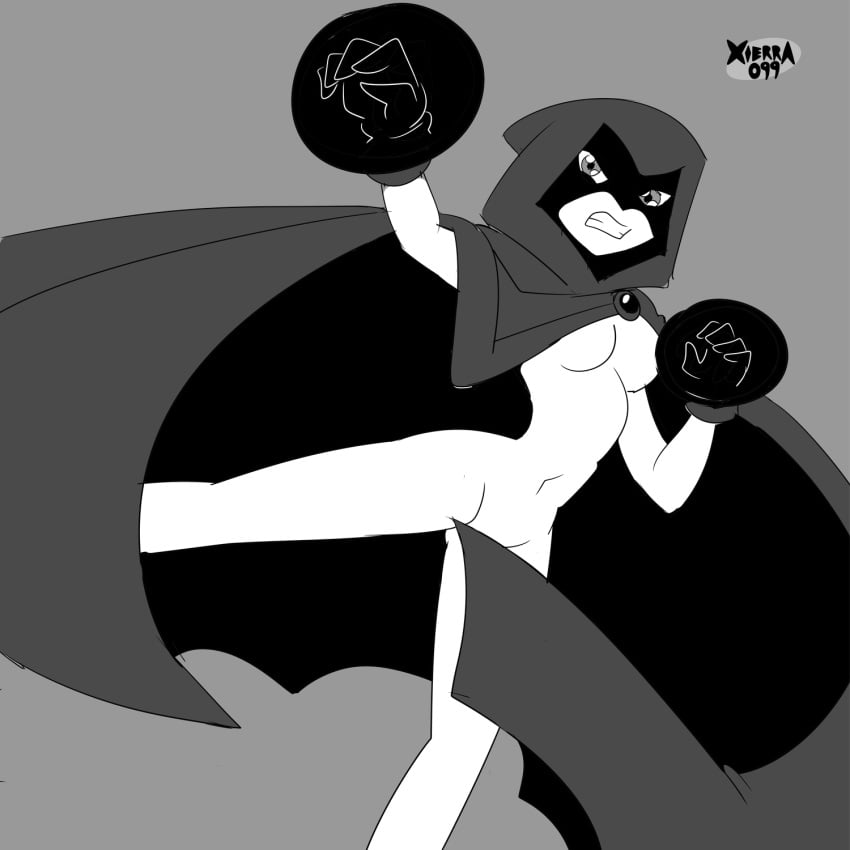 1girls black_and_white cape cape_cover cape_covering censored cloak convenient_censoring convenient_censorship covering_with_cape cowl dc dc_comics female gloves light-skinned_female looking_at_viewer magic monochrome naked naked_female no_nipples nude nude_female pussy_covered rachel_roth raven_(dc) solo solo_female solo_focus teen_titans xierra099