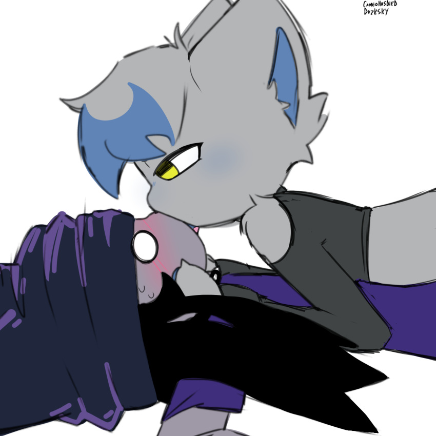 1boy 1girls anthro beanie blue_inner_ear blush clothed crop_top feline feline female fur furry grey_fur haze_(cameohasdied) kissing making_out male max_(phantomnoiz) o_o self_upload yellow_eyes