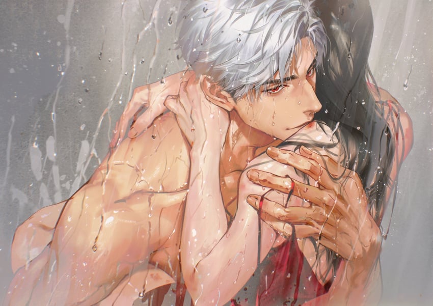 1boy 1boy1girl 1girls abs bite_mark carrying_partner chimmyming color colored embracing female implied_sex looking_at_viewer love_and_deep_space male male/female male_focus muscles muscular_male protagonist_(love_and_deep_space) red_eyes shower silver_hair smirking_at_viewer straight sylus_(love_and_deep_space) unseen_female_face